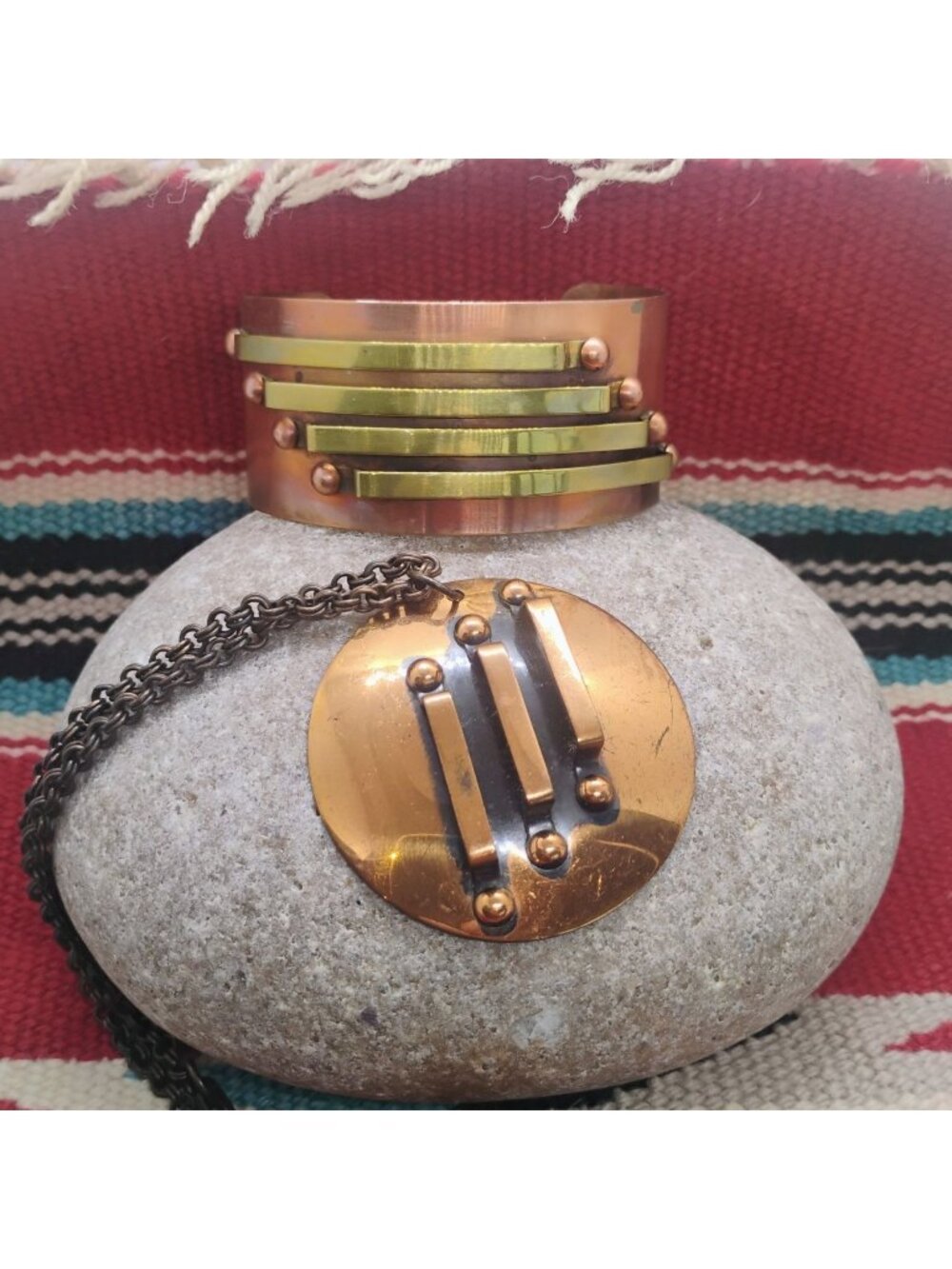 Vtg MCM Copper Brass Modernist Geometric Cuff Bracelet & Necklace Set